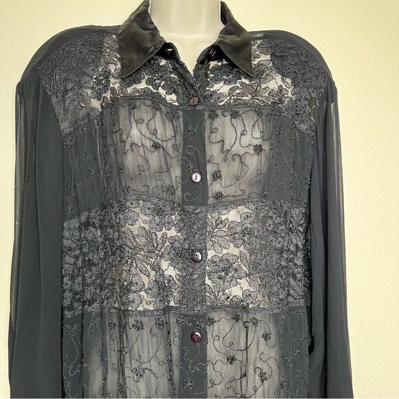 Lane Bryant Designs Collection Black Beaded Lace Button Front Shirt Women 14 16 - Picture 3 of 15